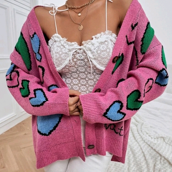 Letter & Heart Pattern Drop Shoulder Cardigan - Picture 7 of 8